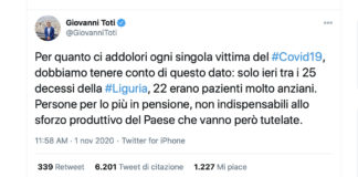 Tweet di Toti, le opposizioni in Regione: “Anziani non indispensabili? Frasi indegne.” Il governatore: “Tweet scritto male”