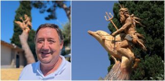 Diano Marina: da albero da abbattere a scultura vista mare. “Perché non dargli una nuova vita attraverso l’arte? Ecco un Tritone che cavalca un delfino” Opera arte albero Diano Marina