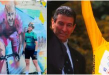 Gimondi e Pantani sulla ‘Cipressa’: lo scatto di Norma davanti al murales che celebra ‘il Pirata’ Gimondi Pantani